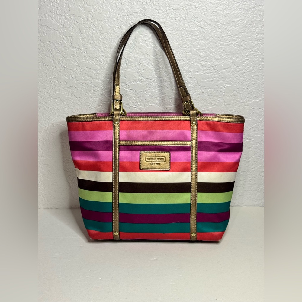 Coach Pink and Green Striped Tote Bag